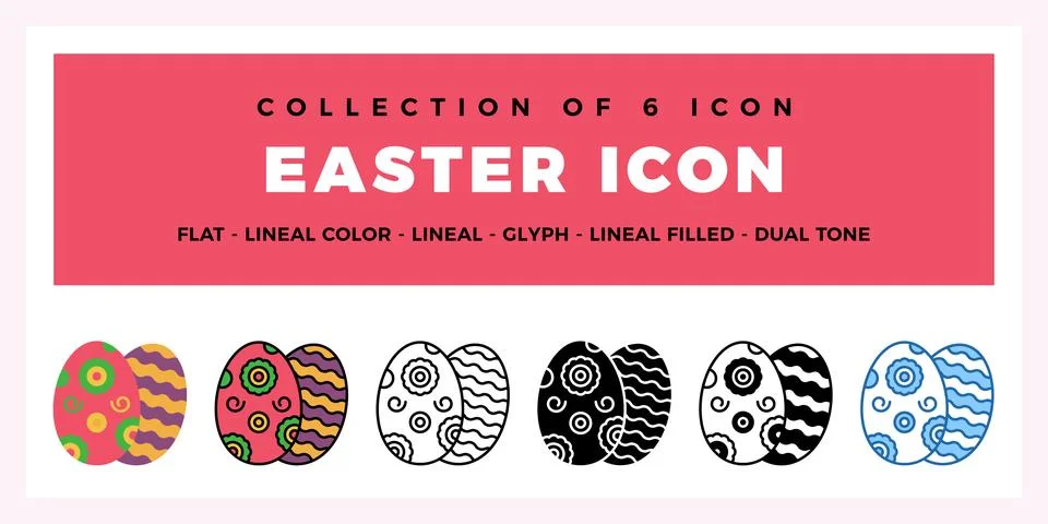 Collection of six Easter egg icons in various styles Stock Illustration