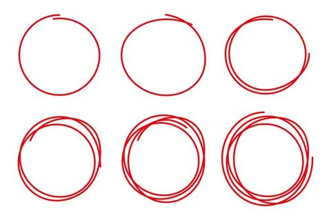 Collection with six hand drawn circle red color and of different design isola Stockillustratie