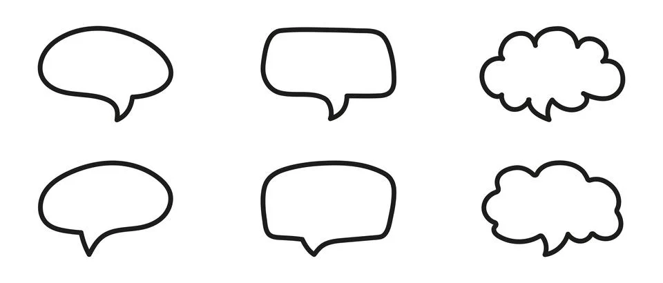 Collection of six hand-drawn speech bubble outlines on transparent Stock Illustration