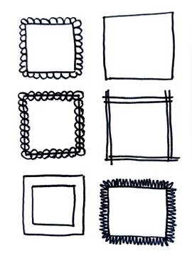 Collection of Six Hand Drawn Square Frames Doodle Borders. Stock Illustration