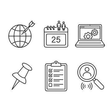 Collection of six simple black line icons representing business concepts like Stock Illustration