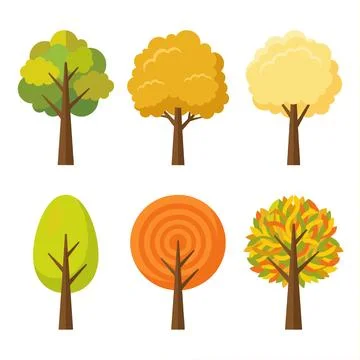 Collection of Six Stylized Trees in Different Seasons and Shapes. Stock Illustration