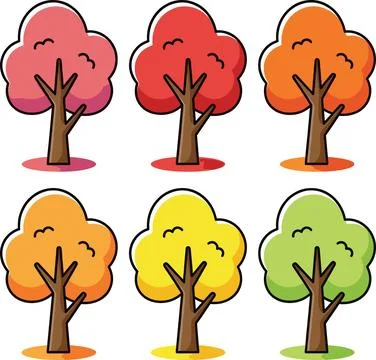 Collection of Six Stylized Trees in Various Autumn Colors. Stock Illustration