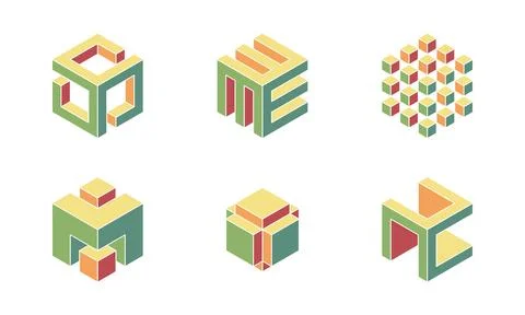 Collection of six unique isometric cube designs.  Abstract geometric shapes i Stock Illustration