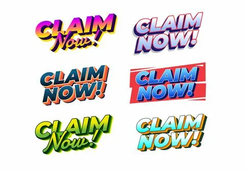 Collection of six vibrant and stylized Claim Now! text designs, featuring v.. Stock Illustration