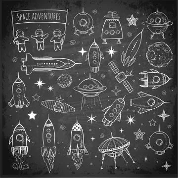 Collection of sketchy space objects Stock Illustration