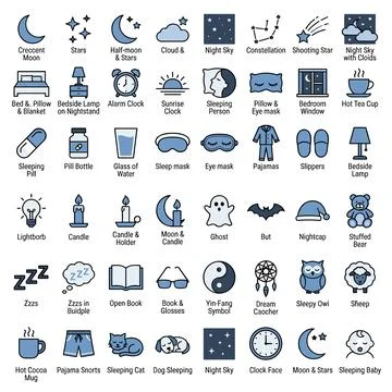 Collection of sleep and night time icons including crescent moon, stars, cl.. Stock Illustration