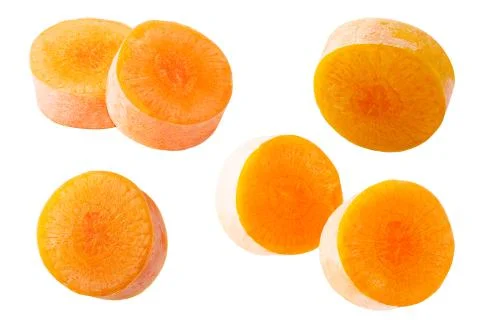 Collection slices carrots isolated on white Stock Photos