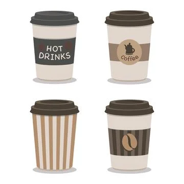 Collection of small brown flat paper takeaway coffee cups hot drinks Stock Illustration