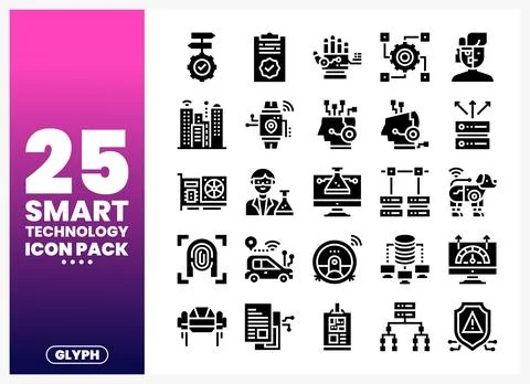 Collection of smart technology glyph icons on a white background. Stock Illustration