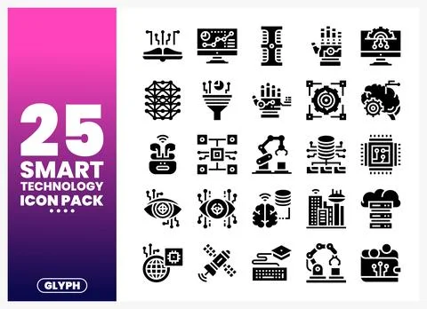 Collection of smart technology glyph icons displayed in a grid layout on a .. Stock Illustration