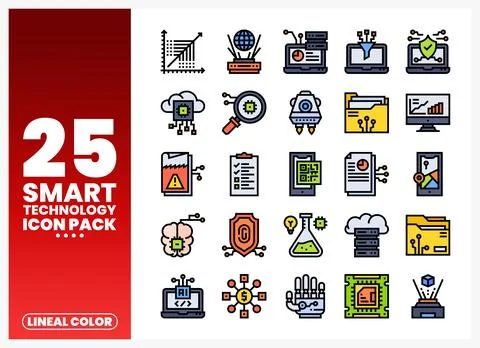 Collection of smart technology icons with lineal color fill on a white back.. Stockillustratie