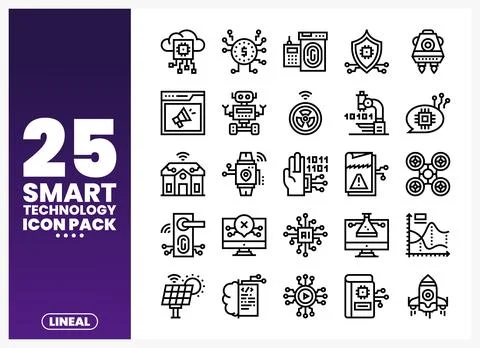 Collection of smart technology icons presented on a gradient purple backgroun 스톡 일러스트