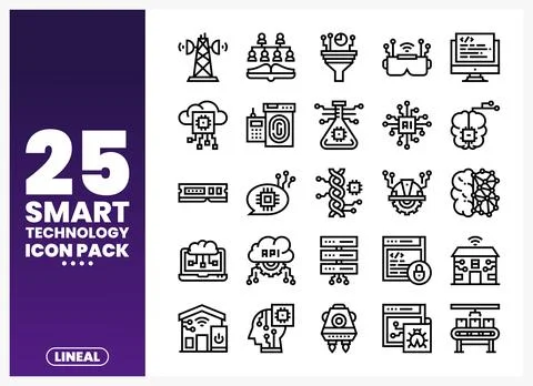 Collection of smart technology icons presented on a purple gradient backgro.. Stock Illustration