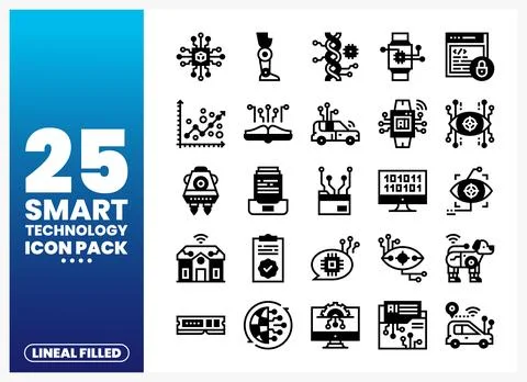 Collection of smart technology lineal filled icons on a gradient blue backg.. Stock Illustration