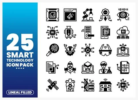 Collection of smart technology linear filled icons on a blue gradient backg.. Illustrazione stock
