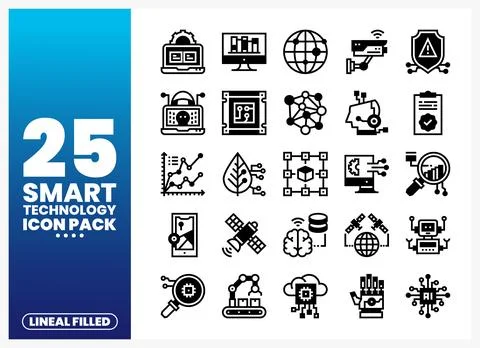 Collection of smart technology linear filled icons on a blue gradient backg.. Stock Illustration