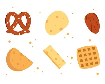 Collection of snacks. Mix of crackers, chips, nuts and cookies Stock Illustration