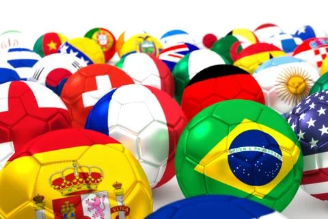 Collection Of Soccer Balls With Flags 3D Render Stock Illustration