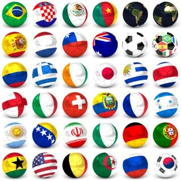 Collection Of Soccer Balls With Flags, Set Of Thirty-six Images 3D Render Stock Illustration