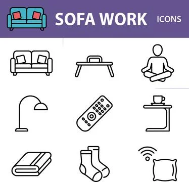 Collection of Sofa Work Icons for Remote Work and Comfort. Stock Illustration