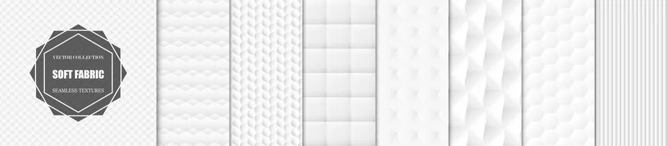 Collection of soft white and gray fabric seamless textures with elegant uph.. Stock Illustration
