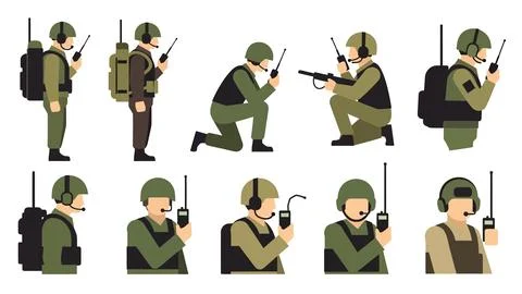 Collection of soldiers using tactical communication gear. Stock Illustration