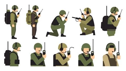 Collection of soldiers using tactical communication gear. Stock Illustration