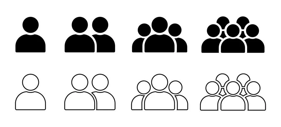 Collection of solid and outline person group icons showing one to five peop.. Stock Illustration