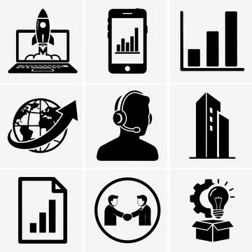 A collection of solid black business themed icons, representing elements like イラスト素材