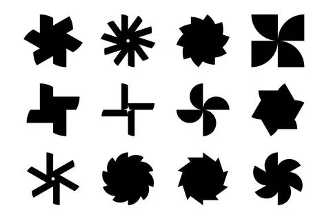 Collection of solid black geometric star and fan shapes, Minimalist flat ve.. Stock Illustration