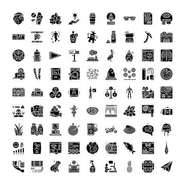 Collection of solid black icons on white background Stock Illustration