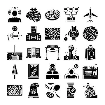 Collection of solid glyph icons representing diverse concepts Stock Illustration