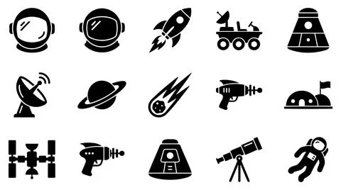 Collection of space exploration and astronomy icons in flat silhouette style Stock Illustration