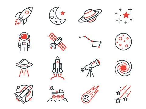 Collection of space exploration and astronomy icons including rocket, astro.. Stock Illustration