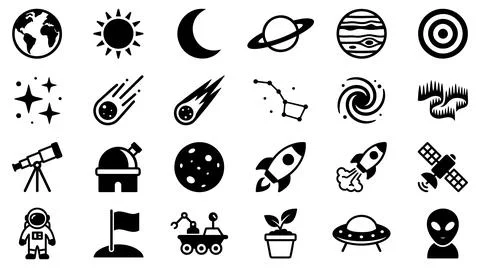 Collection of space exploration and celestial body vector silhouette icons Stock Illustration