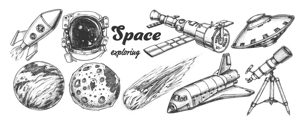 Collection Of Space Exploring Elements Set Vector Stock Illustration