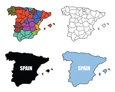 Collection of Spain map illustrations with regions, outline, and silhouette.. Illustrazione stock