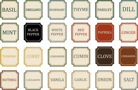 A collection of spice labels on a white background. Stock Illustration