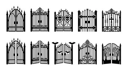 Collection of spooky black gates with gothic and Halloween motifs Stock Illustration