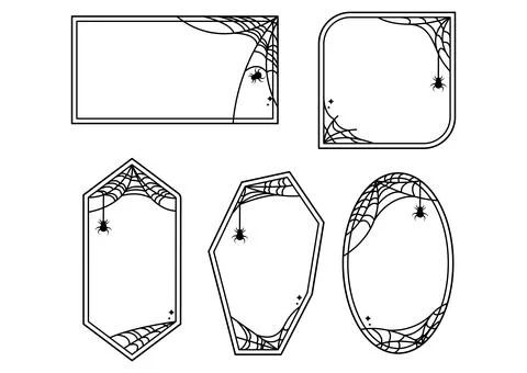 Collection of Spooky Halloween Frames decorated with spider web. Thin lines.. Stock Illustration
