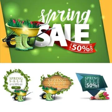 Collection of spring discount banners in various styles for your creativity.  Stock Illustration