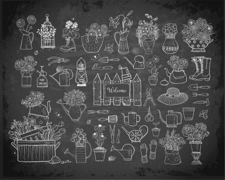 Collection of spring doodle sketch elements: flowers, gardener's tool, bugs and Illustrazione stock