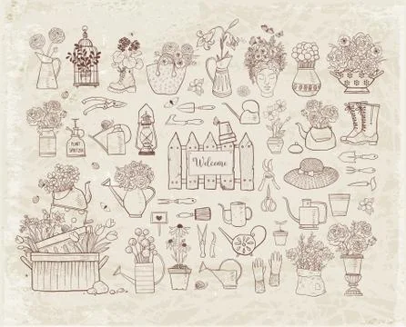 Collection of spring doodle sketch elements: flowers, gardener's tool, bugs and Stock Illustration
