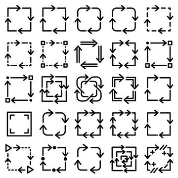 Collection of square arrow loop icons and symbols representing cycles, rota.. Иллюстрация