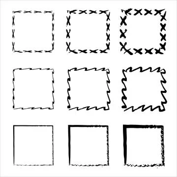 Collection of square black hand drawn grunge frames. borders set. rectangular 스톡 일러스트