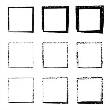 Collection of square black hand drawn grunge frames. borders set. Grunge style Stock Illustration