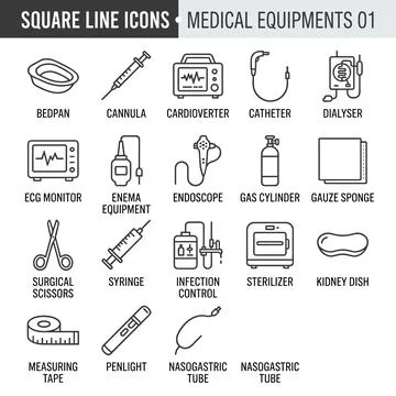 Collection of square line icons representing medical equipment, including b.. Stock Illustration