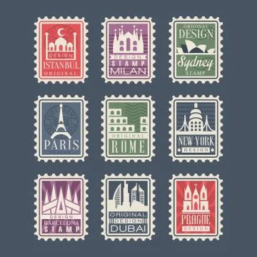 Collection of stamps from different countries with architectural landmarks Stock-Illustration