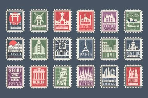 Collection of stamps from different countries with architectural landmarks Stock-Illustration